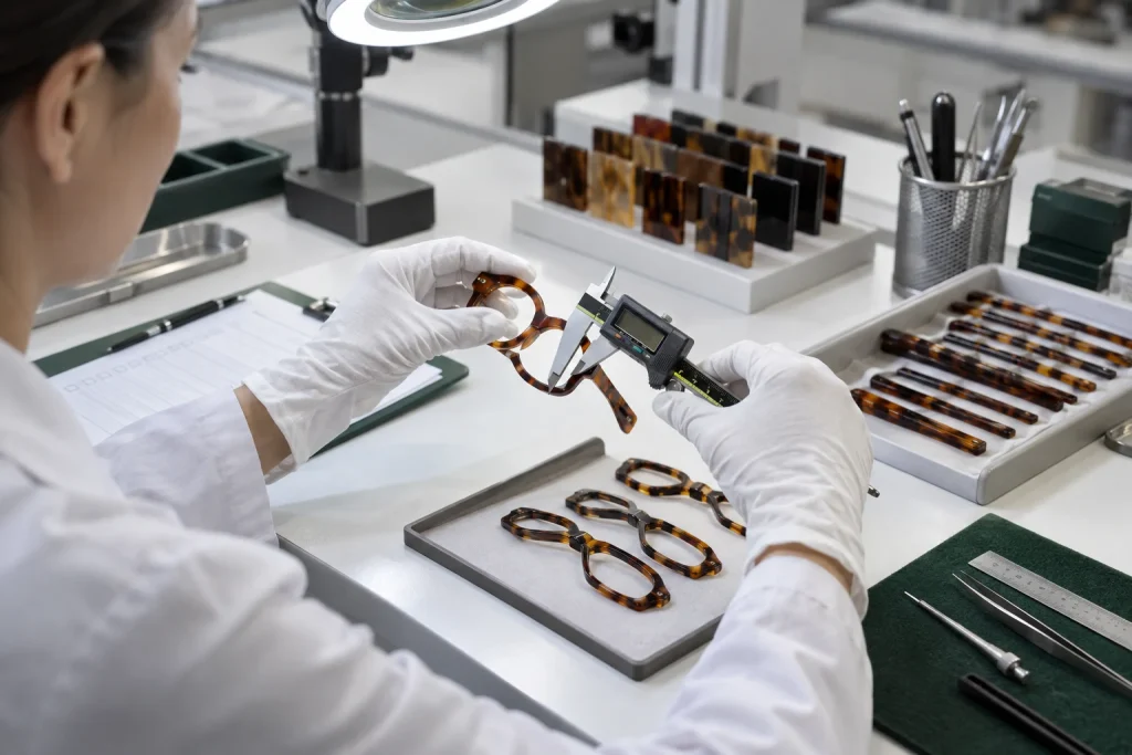 Checking a tortoiseshell acetate eyewear component with a digital caliper