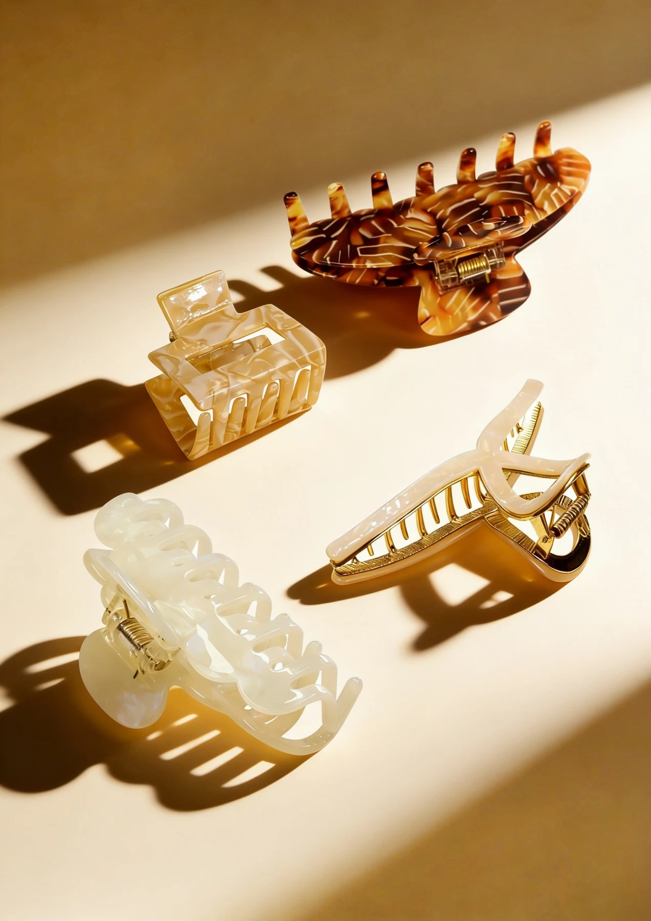 Assorted tortoiseshell and pearl acetate hair claw designs from the Junyi catalogue
