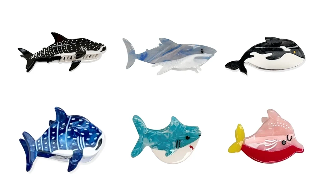 Fish and shark-shaped acetate decorative pieces for hair clips