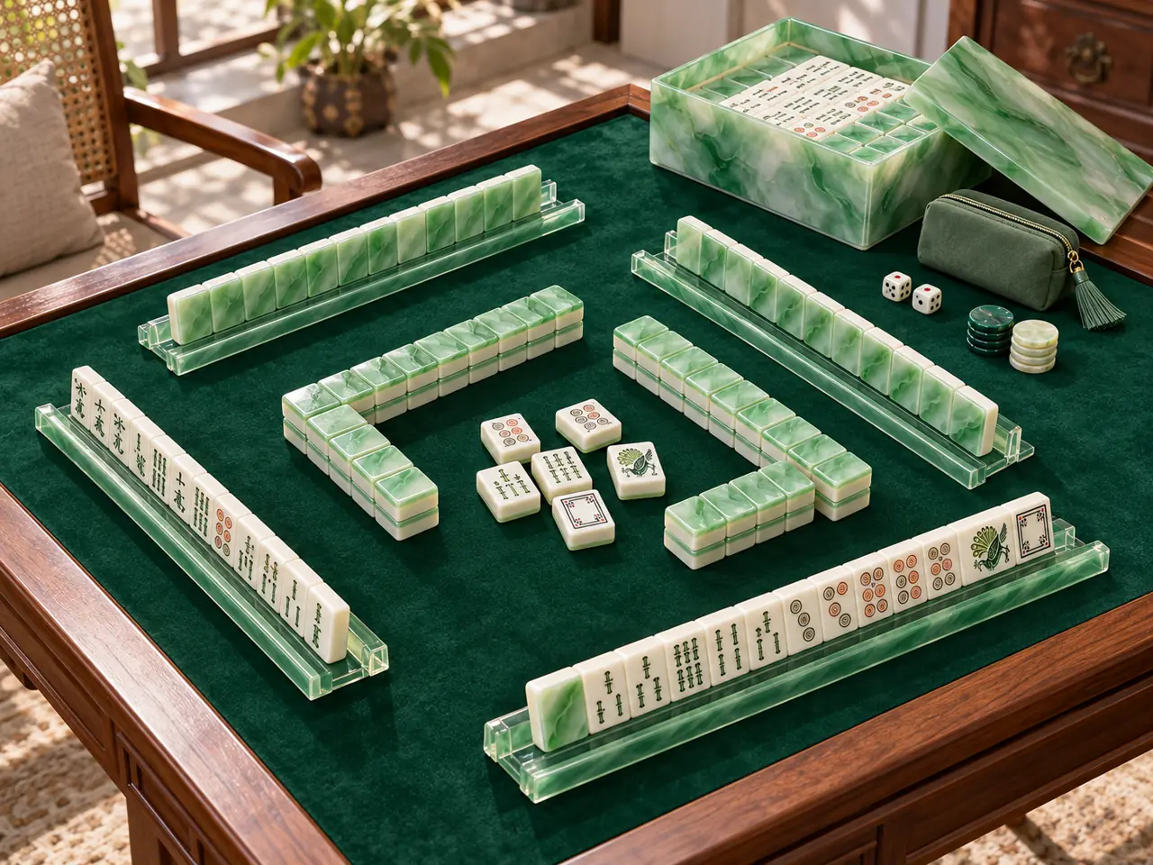 Design preview of a coordinated green mahjong kit with racks storage box dice and tokens on a table