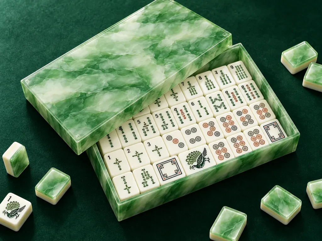 Design preview of a jade green marbled mahjong storage box with matching tiles