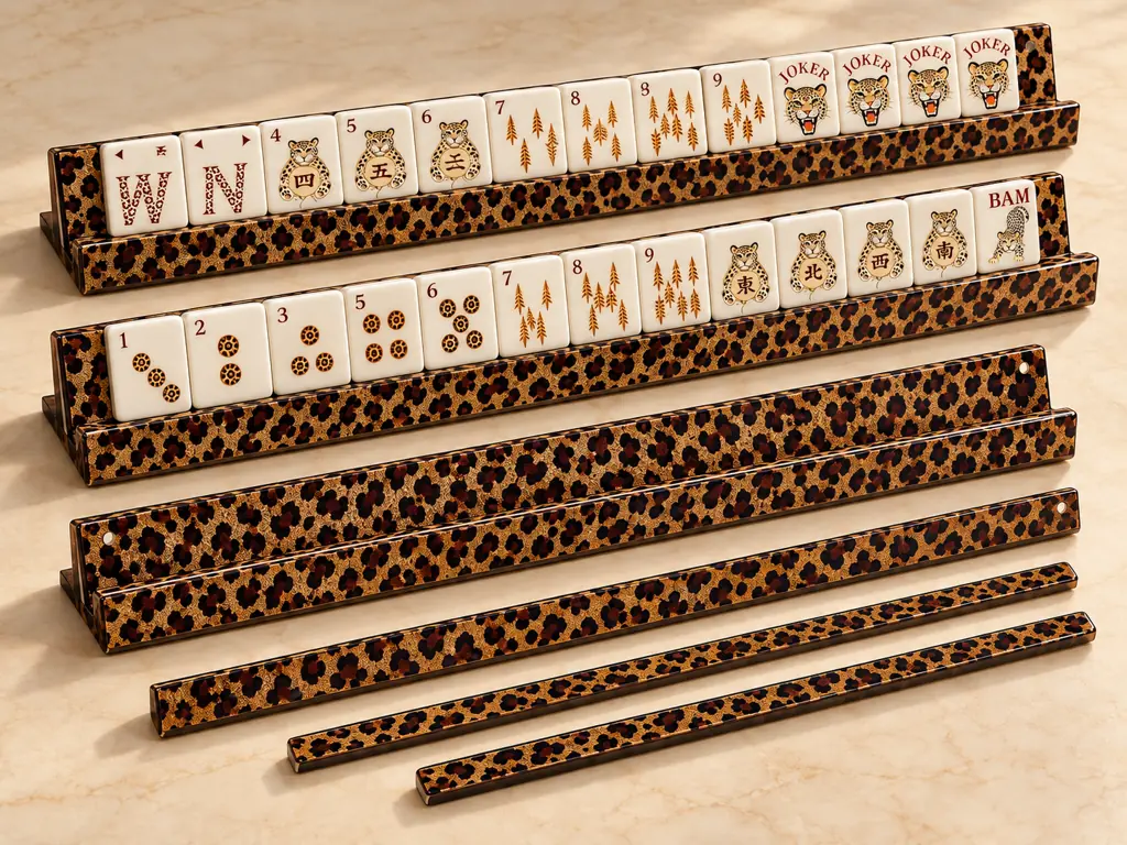Design preview of leopard patterned mahjong tile racks and matching pushers