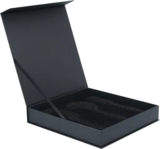 Open black rigid gift box with a shaped protective insert